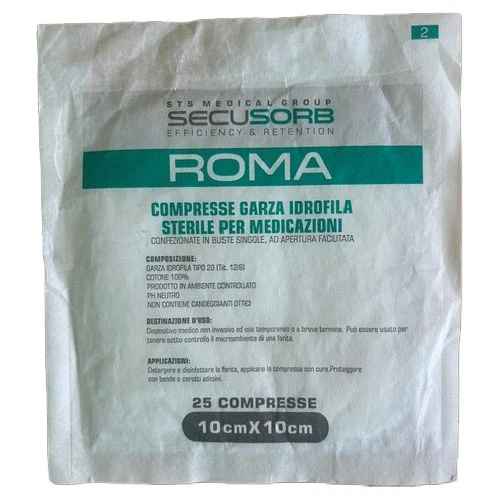 Compresse di garza cotone SECUSORB ROMA cm 10 x 10 - Sterile (bustina da 25 pz.)