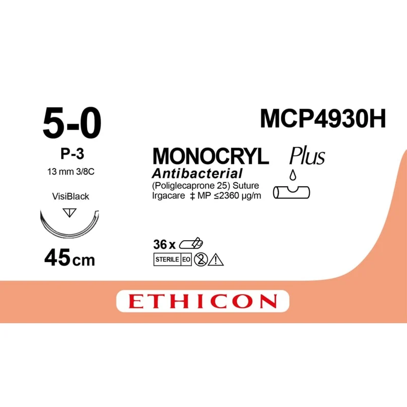 Sutura Ethicon MONOCRYL Plus MCP4930H - 5-0, Ago 3/8 P-3 mm 13 - Incolore (conf. 36 pz.)