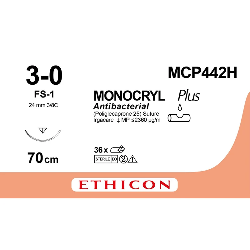 Sutura Ethicon MONOCRYL Plus MCP442H - 3-0, Ago 3/8 FS-1 mm 24 - Incolore (conf. 36 pz.)