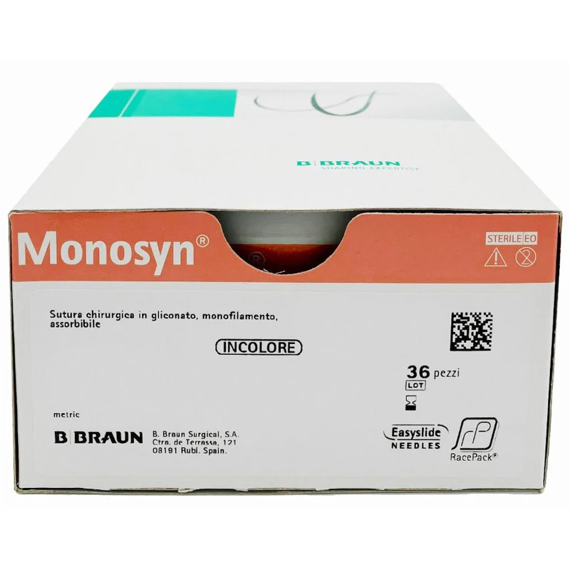 Monosyn suture assorbibili in gliconato, ago 3/8 19mm, USP 5/0 - filo incolore 45 cm (conf. 36 pz.)
