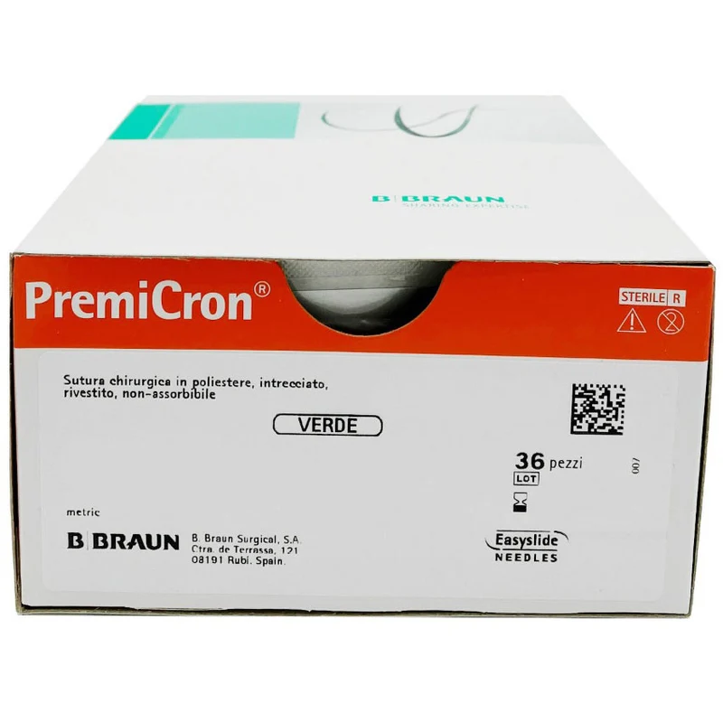 Premicron suture non assorbibili in poliestere tereftalato, ago 1/2 17mm, USP 4/0 - filo verde 75cm (conf. 36 pz.)