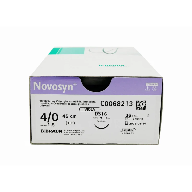 Novosyn suture assorbibili in poliglactina 910, ago 3/8 di precisione 7mm, USP 7/0 - filo viola 70cm (conf. 36 pz.)