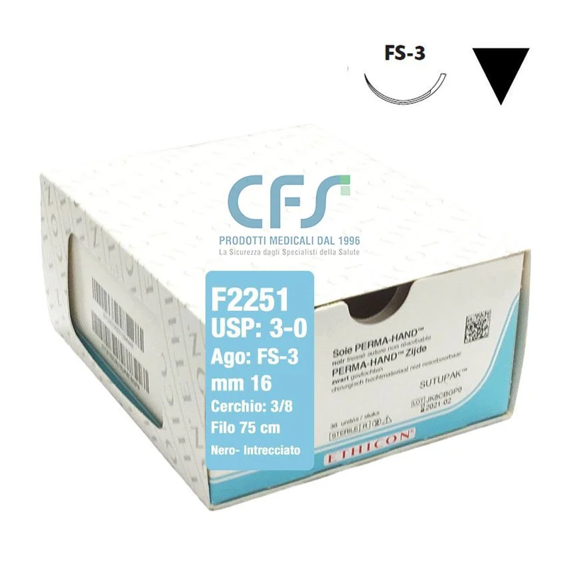 Sutura Ethicon Seta PERMA-HAND F2251 - 3-0, Ago 3/8 FS-3 mm 16 - Nero (Conf. 36 pz.)