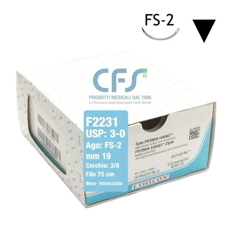 Sutura Ethicon Seta PERMA-HAND F2231 - 3-0, Ago 3/8 FS-2 mm 19 - Nero (Conf. 36 pz.)