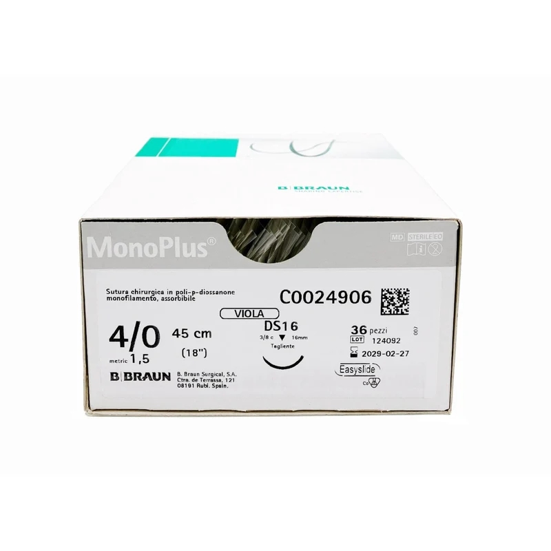 MonoPlus suture assorbibili in polidiossanone, ago 3/8 12mm, USP 4/0 - filo viola 45 cm (conf. 36 pz.)
