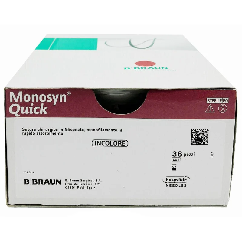 Monosyn Quick suture assorbibili in gliconato, ago 3/8 di precisione 19mm, USP 4/0 - filo incolore 70cm (conf. 36 pz.)