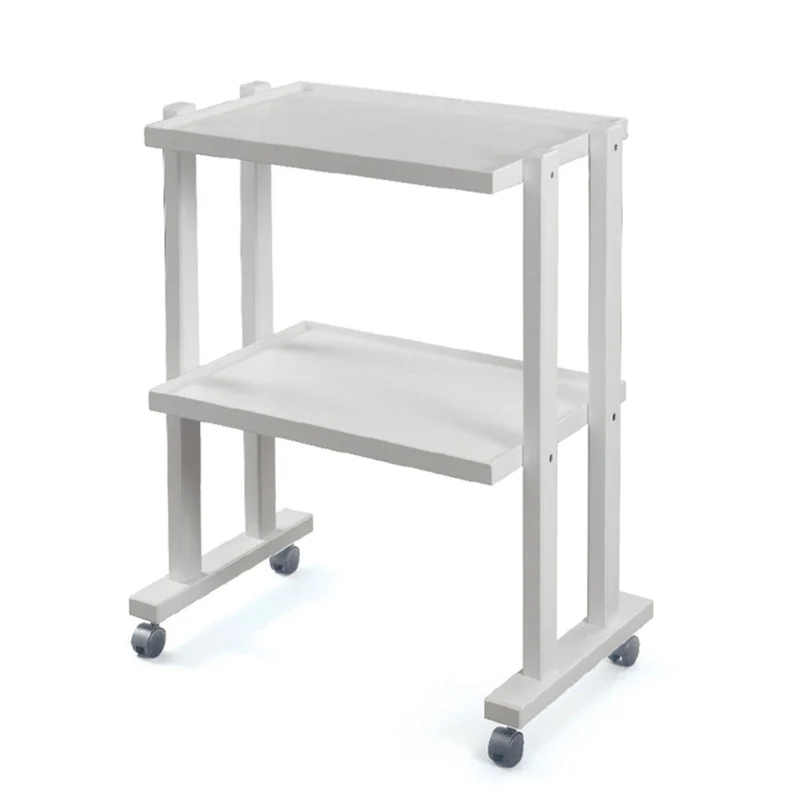 Carrello in legno massello con ruote - 2 ripiani - Bianco