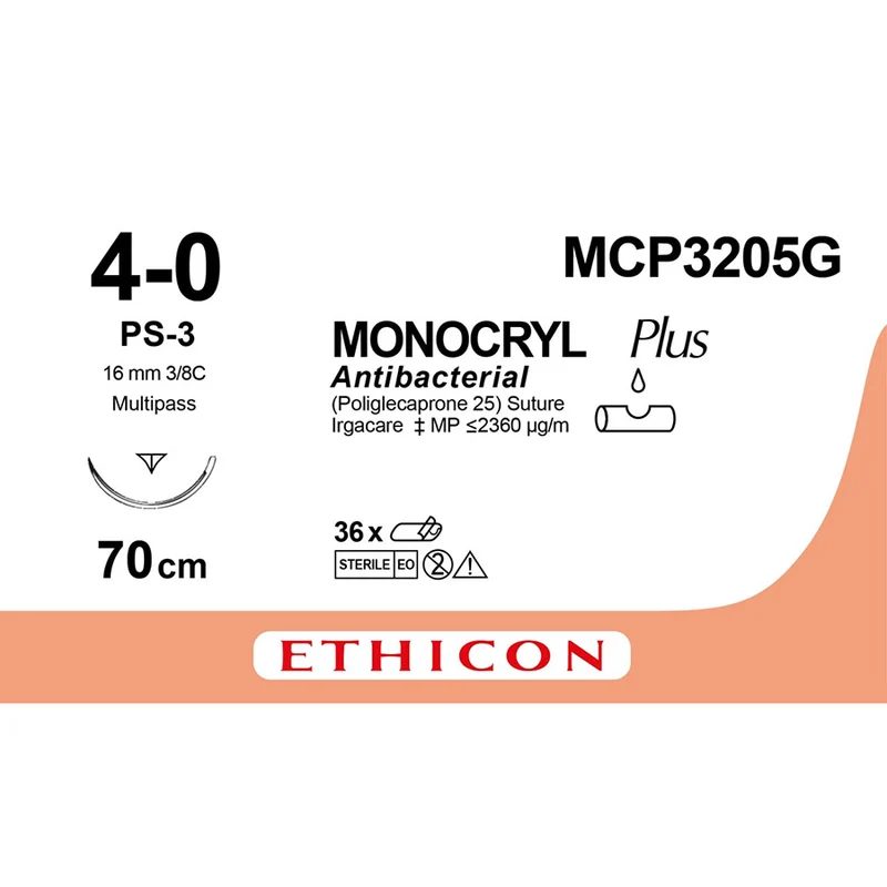 Sutura Ethicon MONOCRYL Plus MCP3205G - 4-0, Ago 3/8 PS-3 mm 16 - Incolore (conf. 12 pz.)