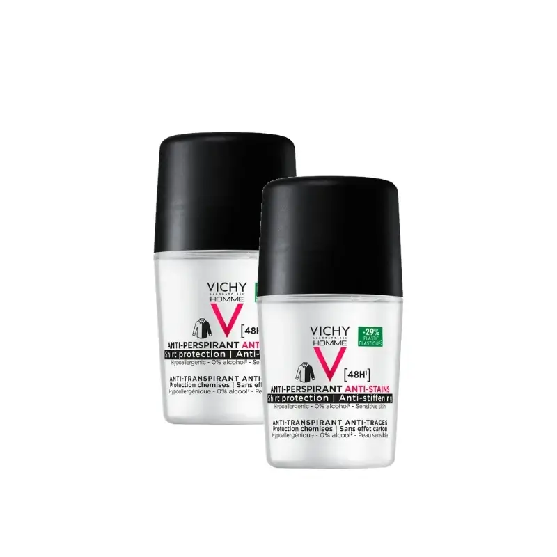 Vichy Homme 48-Hour Anti-Perspirant and Anti-Stain Roll-On Deodorant 50 ml, pack of 2